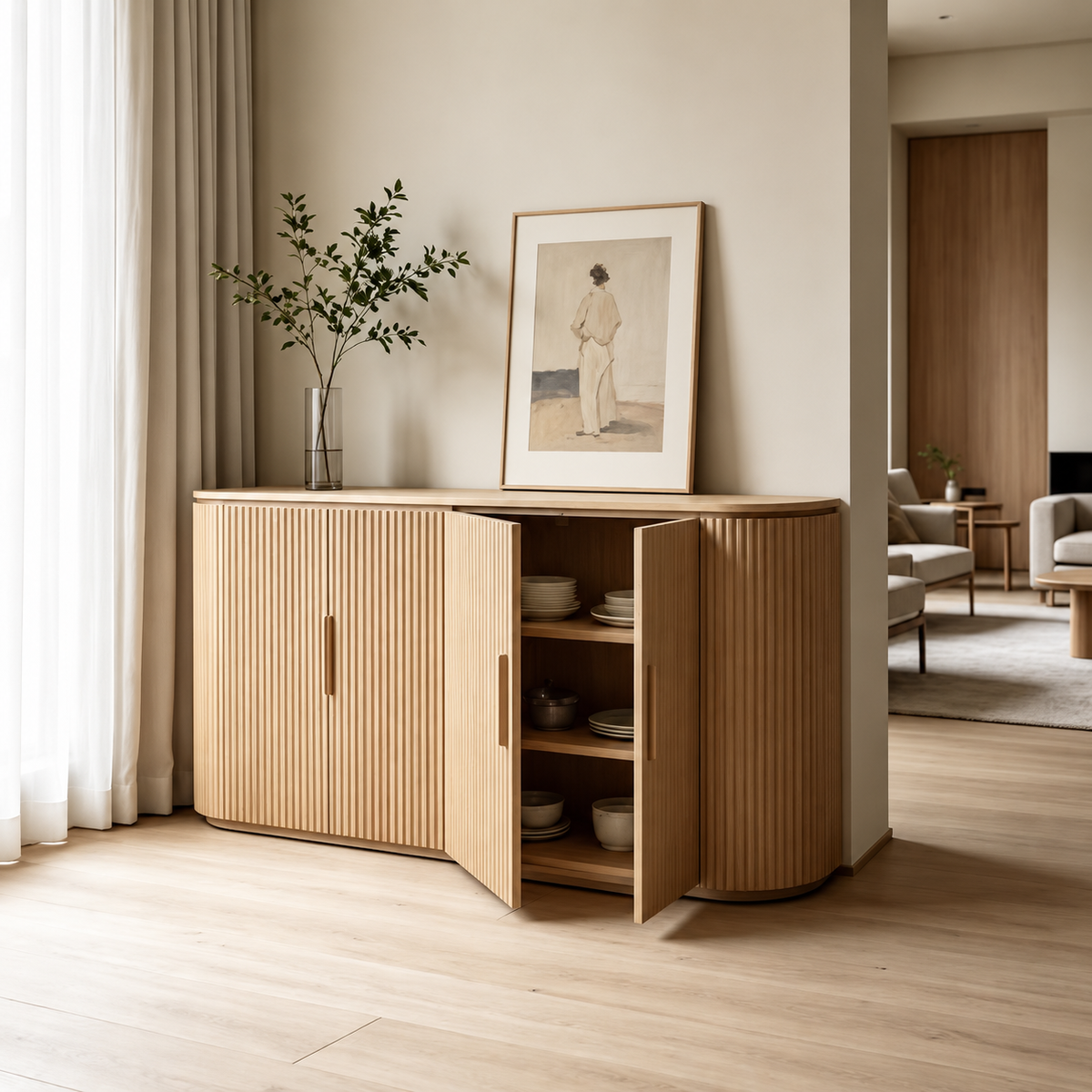 Emperador Marble 4-Door Sideboard, Solid Wood Storage Cabinet, Modern Luxury Style