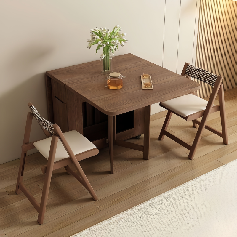 Foldable Solid Wood Dining Table Set, Chair Storage Console, Modern Space-Saving Style