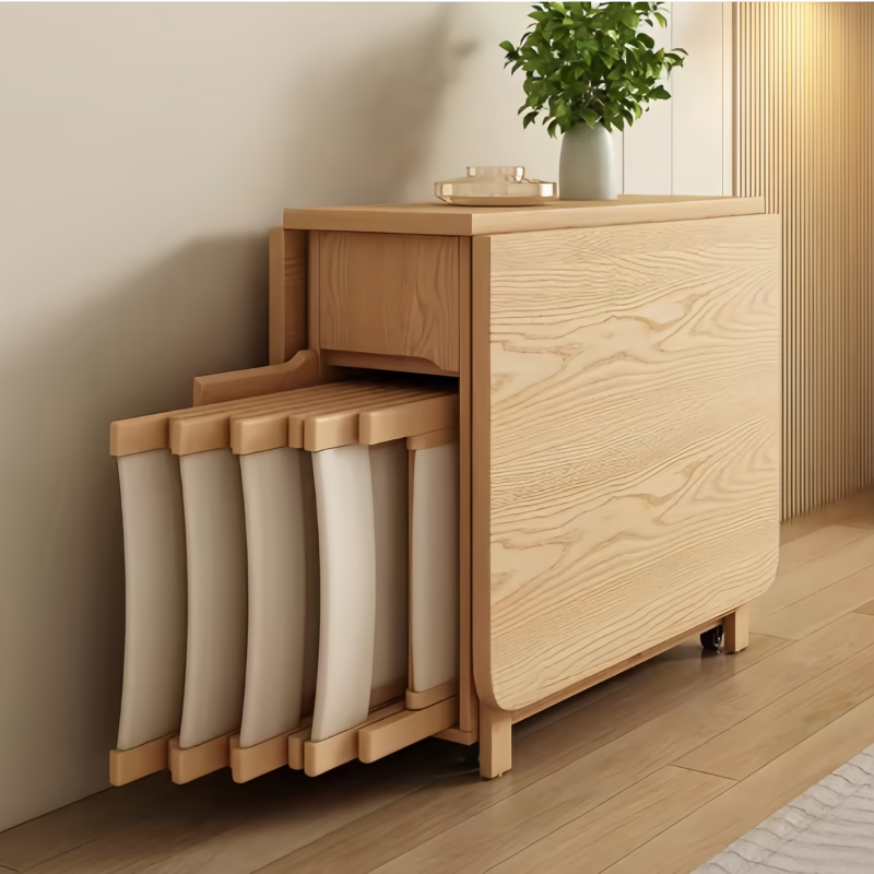 Foldable Solid Wood Dining Table Set, Chair Storage Console, Modern Space-Saving Style