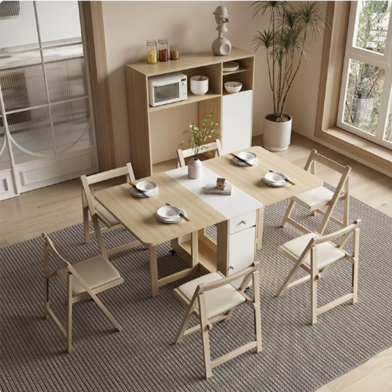 Foldable Solid Wood Dining Table Set, Chair Storage Console, Modern Space-Saving Style