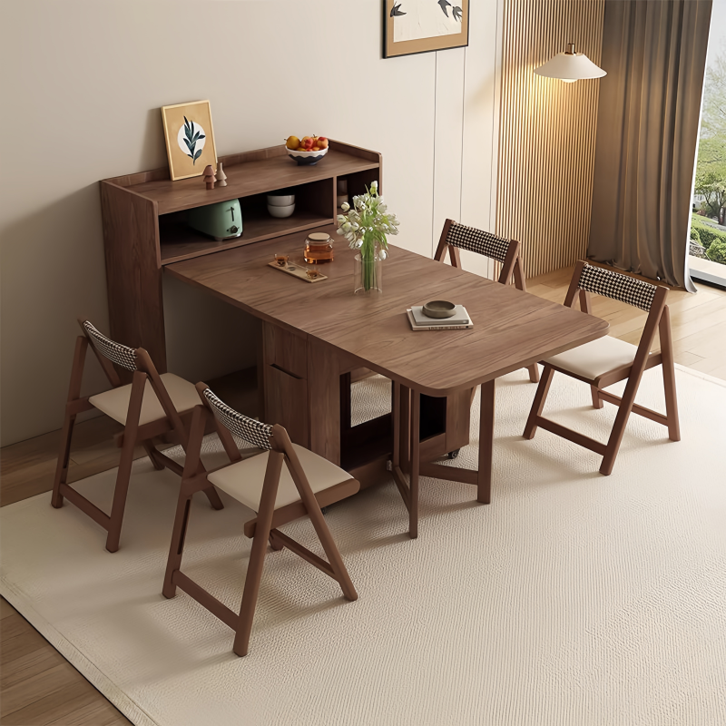 Foldable Solid Wood Dining Table Set, Chair Storage Console, Modern Space-Saving Style