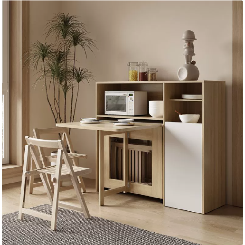 Foldable Solid Wood Dining Table Set, Chair Storage Console, Modern Space-Saving Style