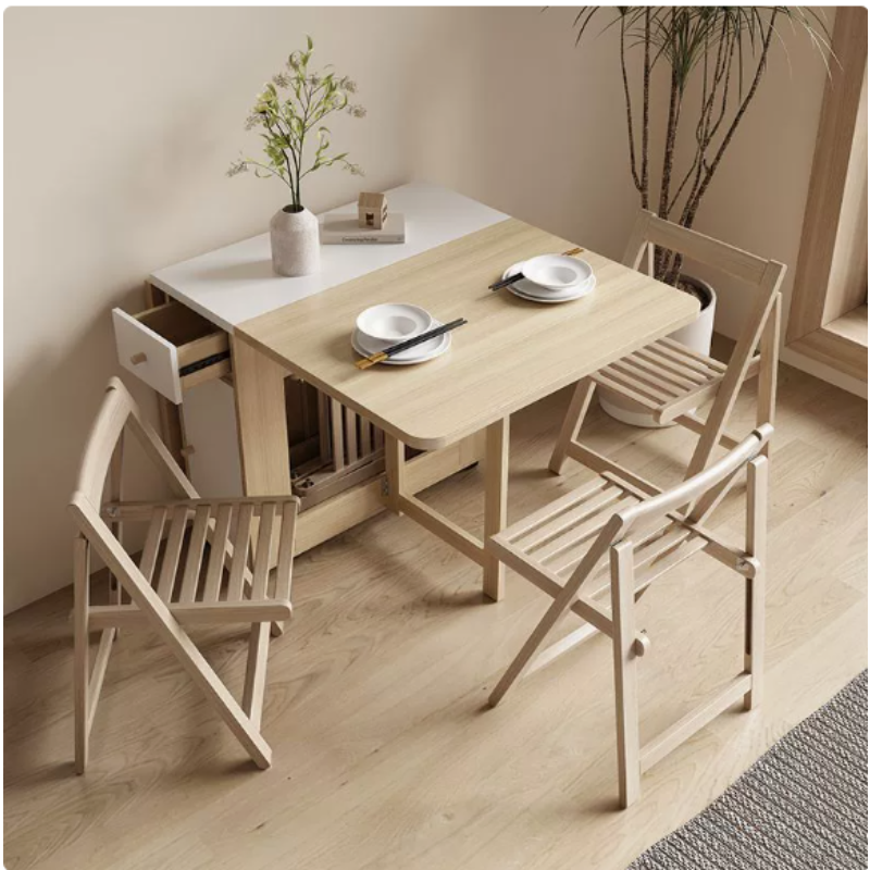 Foldable Solid Wood Dining Table Set, Chair Storage Console, Modern Space-Saving Style