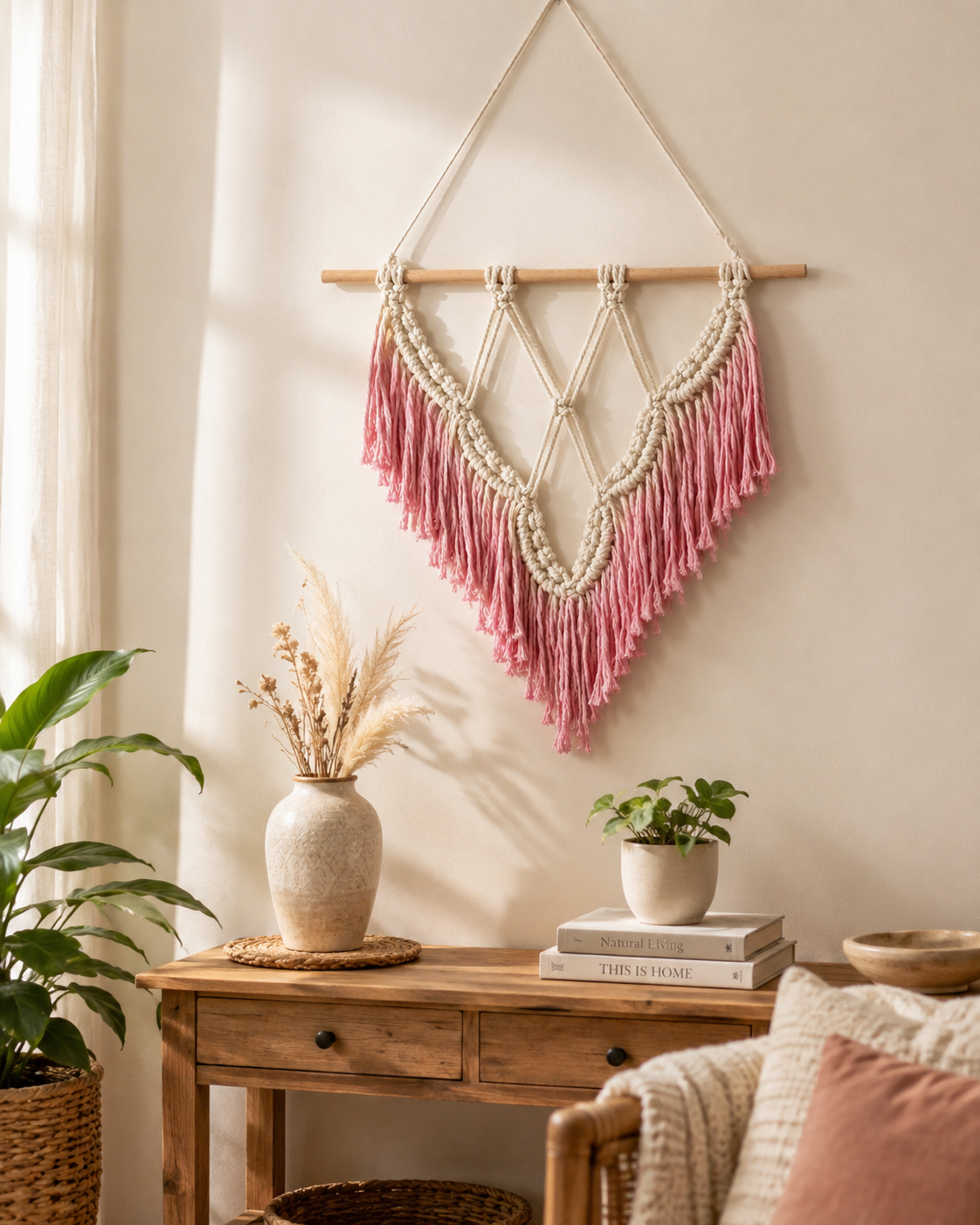 Layered V-Shaped Fringe Macrame Wall Hanging, Woven Cotton Rope with Wooden Dowel, Nordic Boho Style – 40 × 50 cm