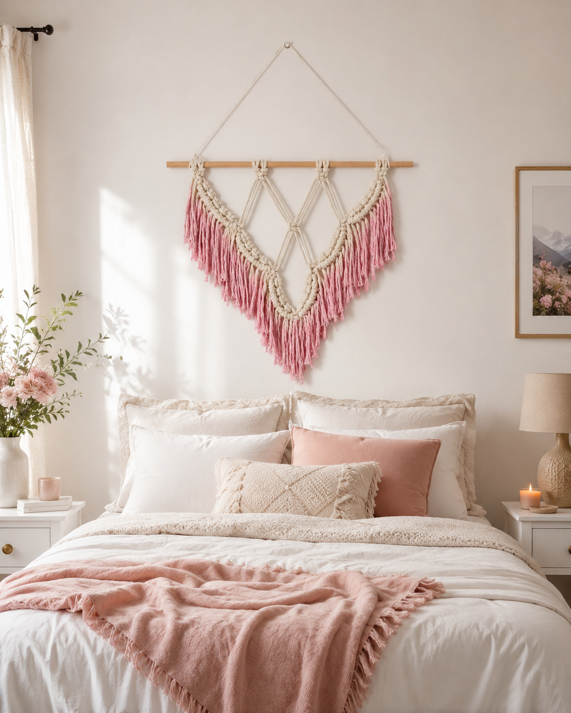 Layered V-Shaped Fringe Macrame Wall Hanging, Woven Cotton Rope with Wooden Dowel, Nordic Boho Style – 40 × 50 cm