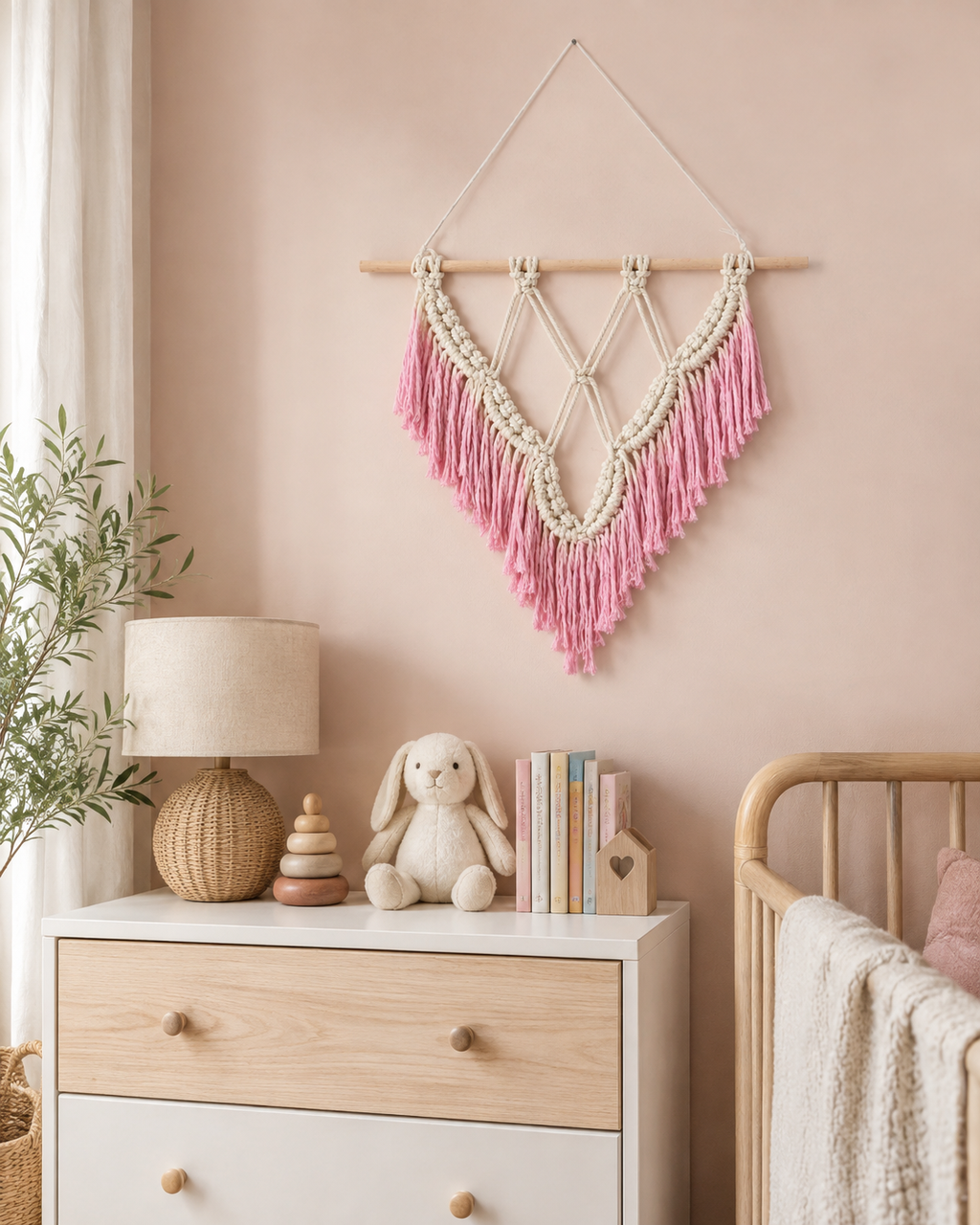 Layered V-Shaped Fringe Macrame Wall Hanging, Woven Cotton Rope with Wooden Dowel, Nordic Boho Style – 40 × 50 cm