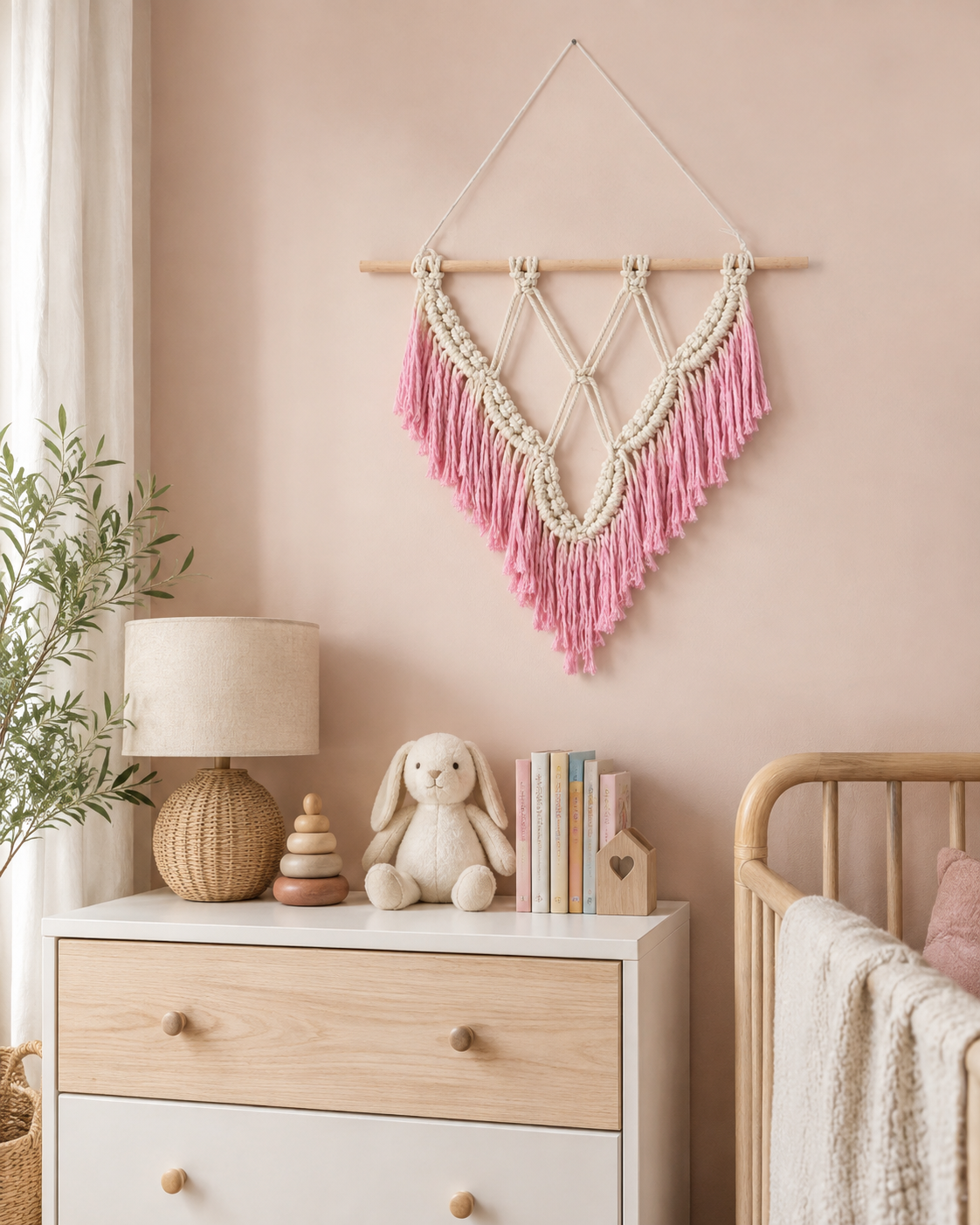 Layered V-Shaped Fringe Macrame Wall Hanging, Woven Cotton Rope with Wooden Dowel, Nordic Boho Style – 40 × 50 cm
