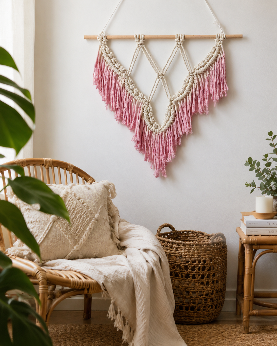 Layered V-Shaped Fringe Macrame Wall Hanging, Woven Cotton Rope with Wooden Dowel, Nordic Boho Style – 40 × 50 cm