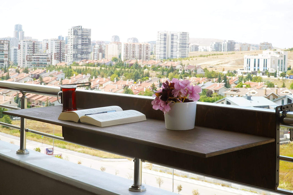 Railing-Mounted Foldable Balcony Table, Wooden Hanging Desk, Modern Space-Saving Style