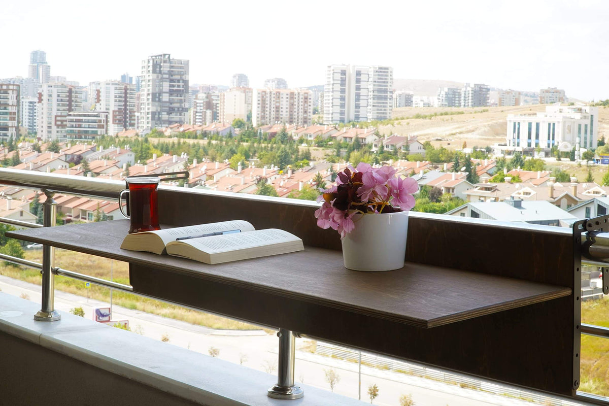 Railing-Mounted Foldable Balcony Table, Wooden Hanging Desk, Modern Space-Saving Style