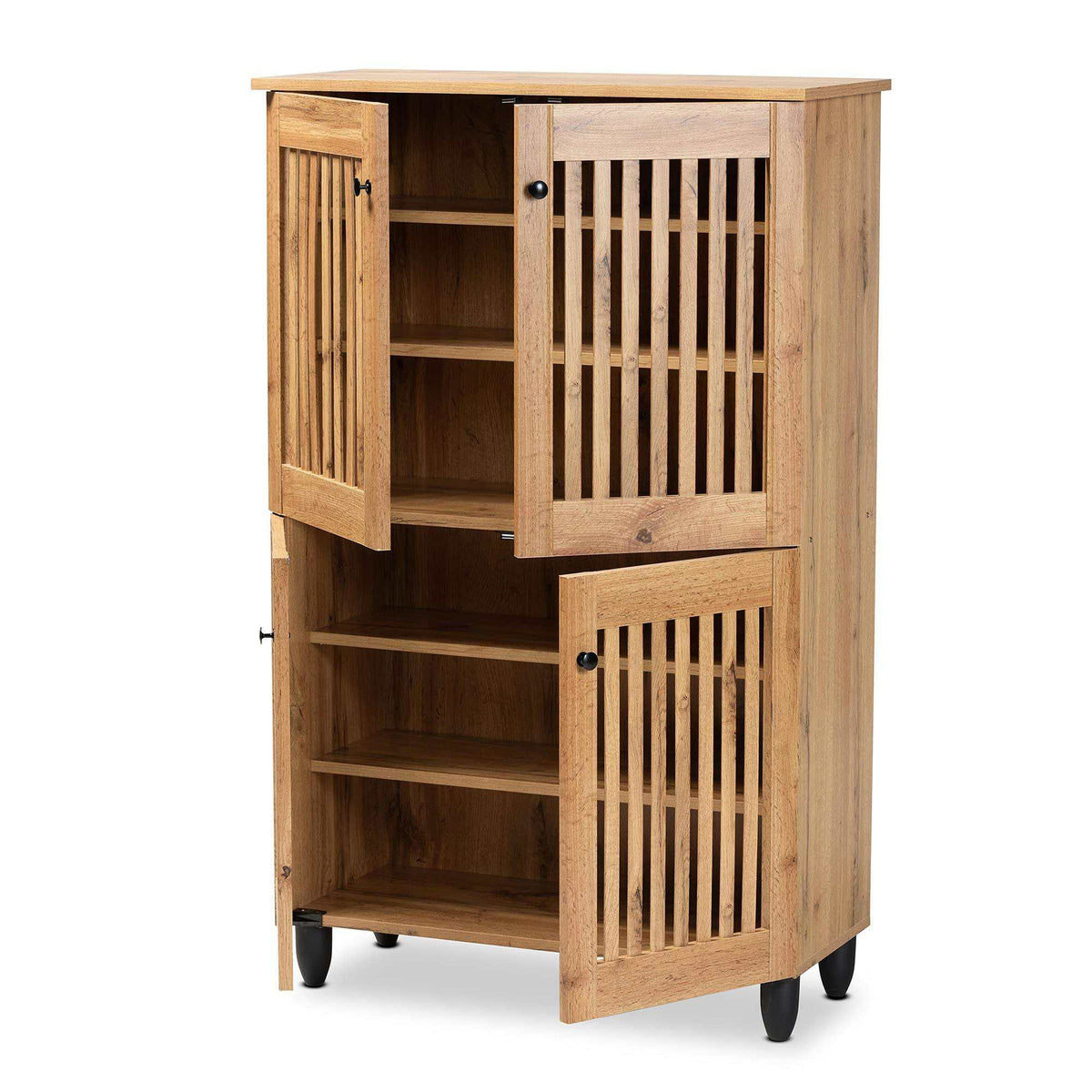 Bamboo Slatted Storage Cabinet, 4-Door Freestanding Organizer, Modern Natural Style