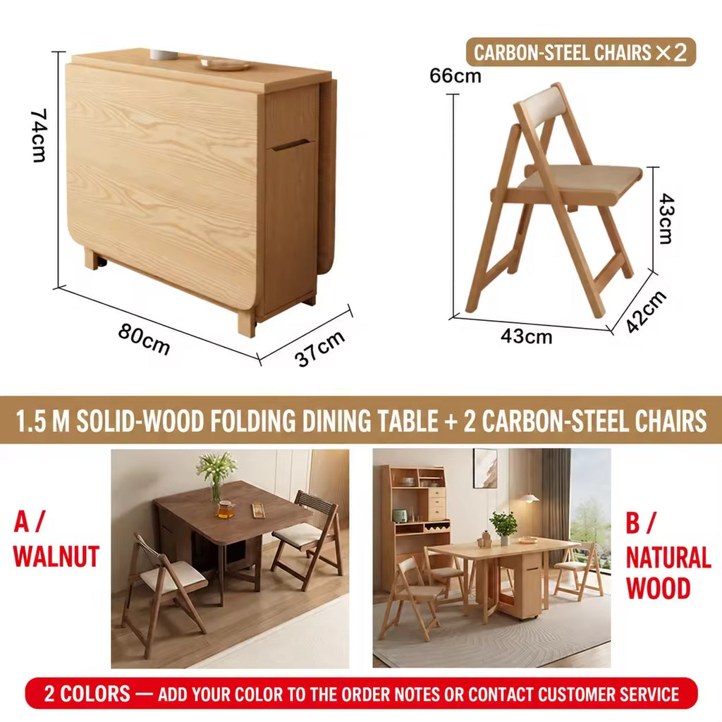 Foldable Solid Wood Dining Table Set, Chair Storage Console, Modern Space-Saving Style