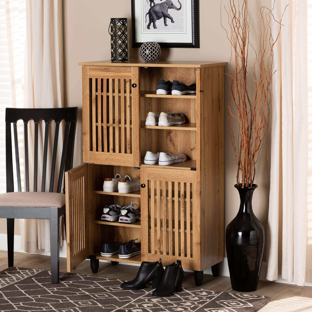 Bamboo Slatted Storage Cabinet, 4-Door Freestanding Organizer, Modern Natural Style