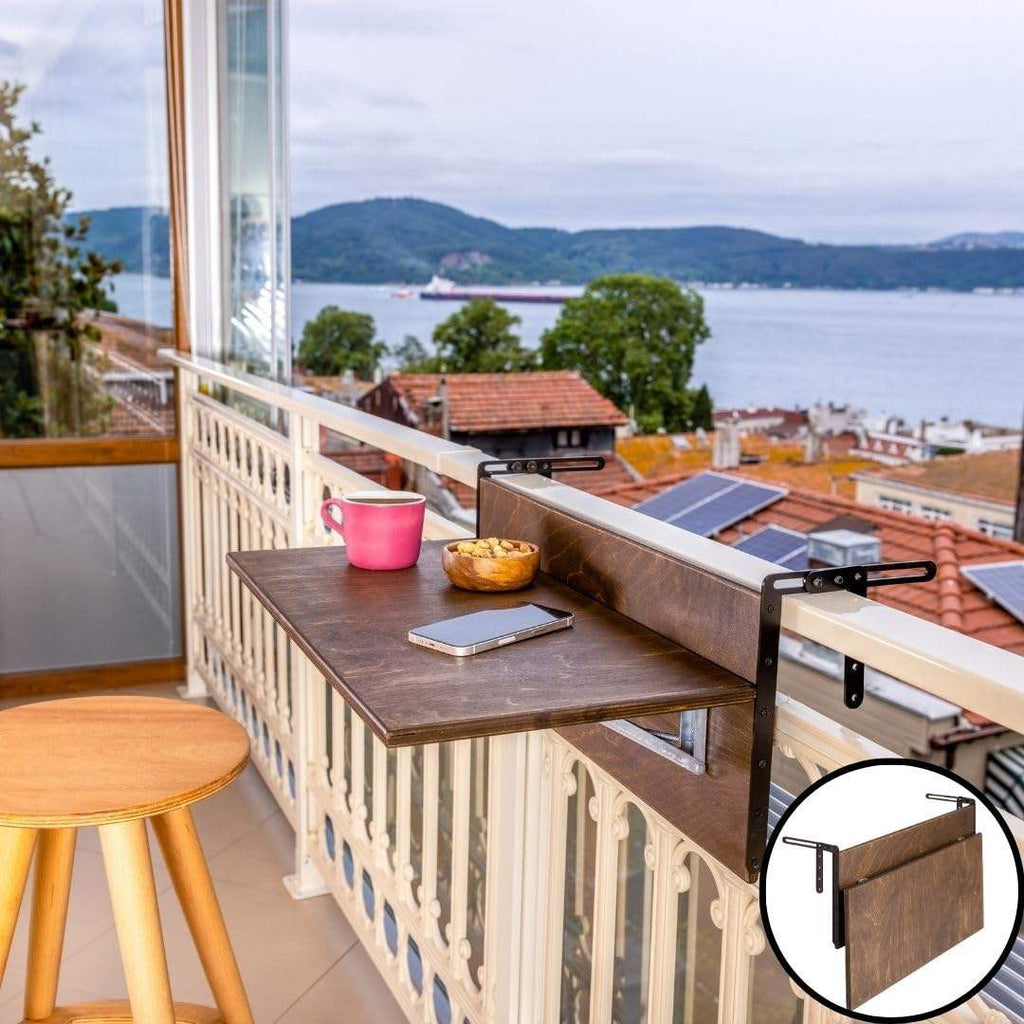 Railing-Mounted Foldable Balcony Table, Wooden Hanging Desk, Modern Space-Saving Style