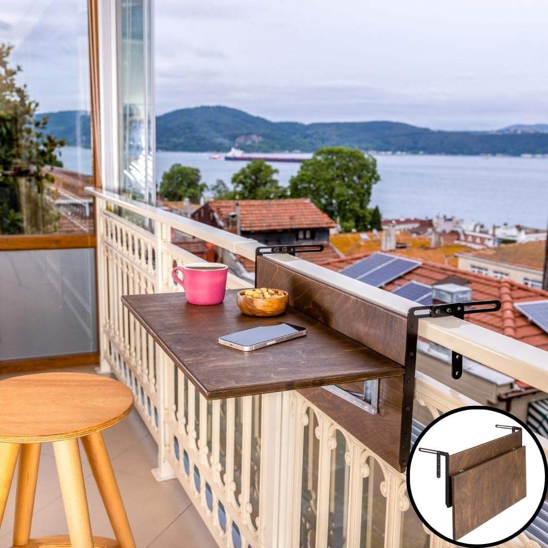 Railing-Mounted Foldable Balcony Table, Wooden Hanging Desk, Modern Space-Saving Style