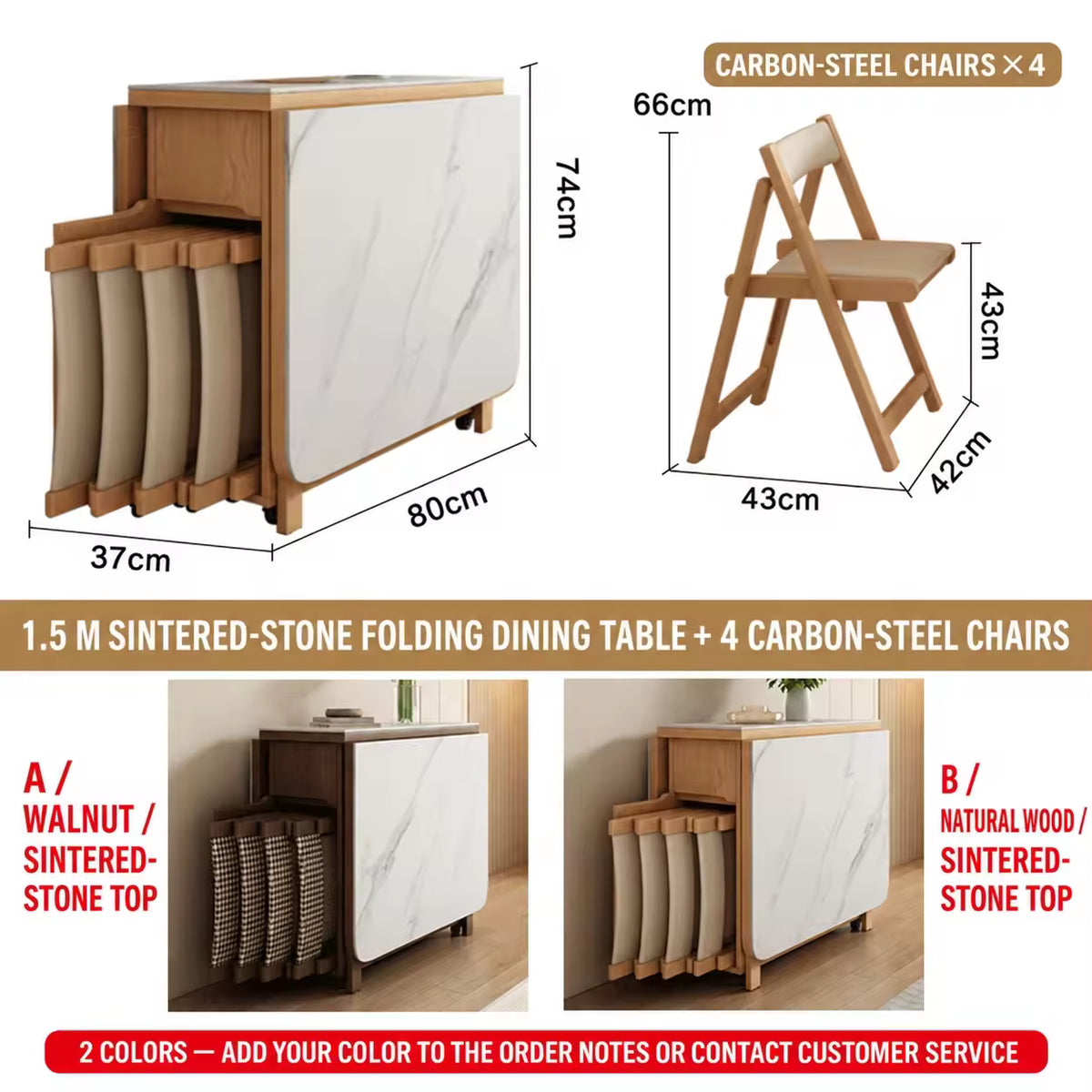 Foldable Solid Wood Dining Table Set, Chair Storage Console, Modern Space-Saving Style