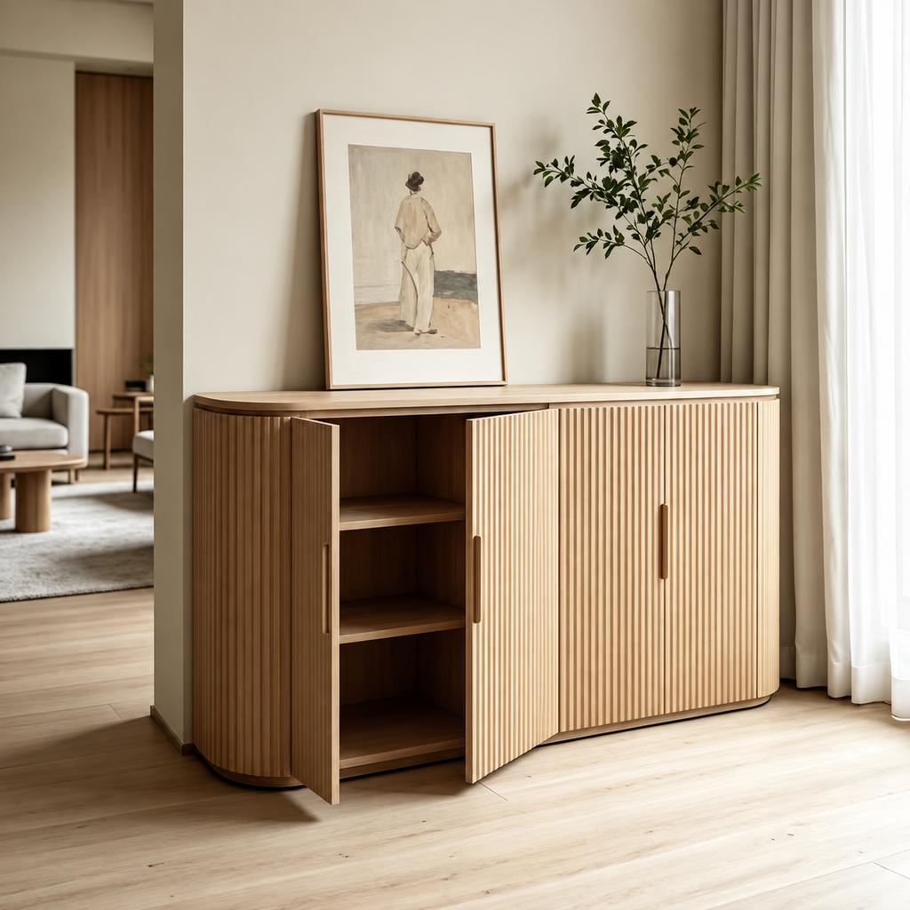 Emperador Marble 4-Door Sideboard, Solid Wood Storage Cabinet, Modern Luxury Style
